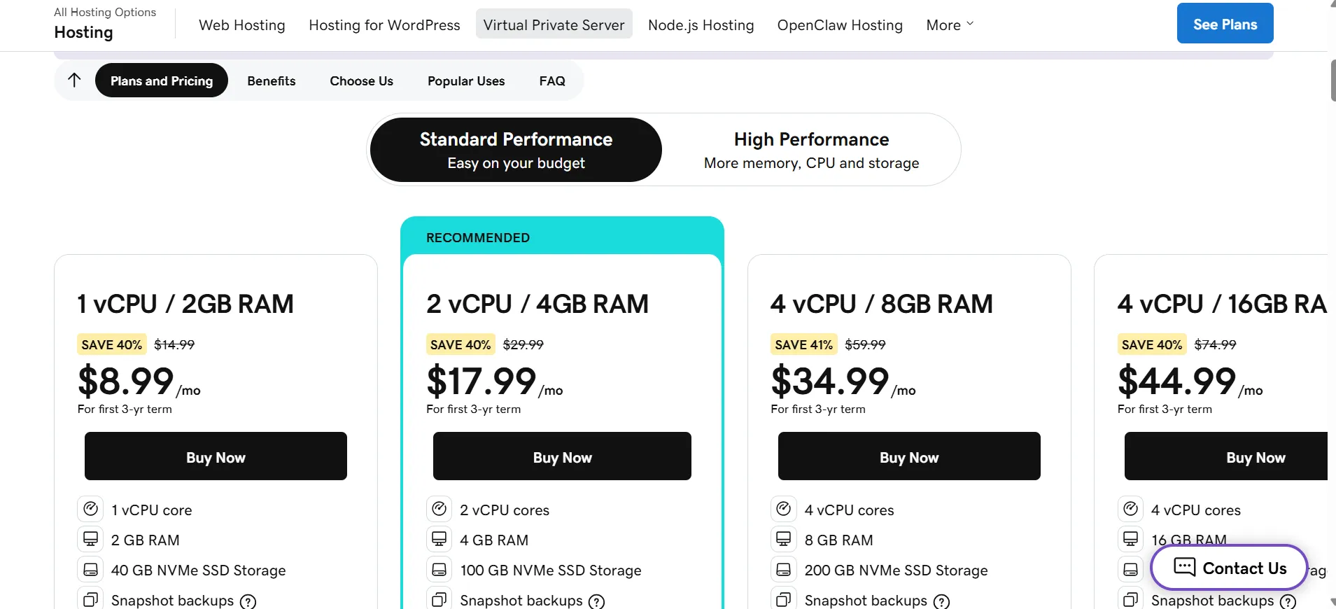 Planos VPS Standard da GoDaddy